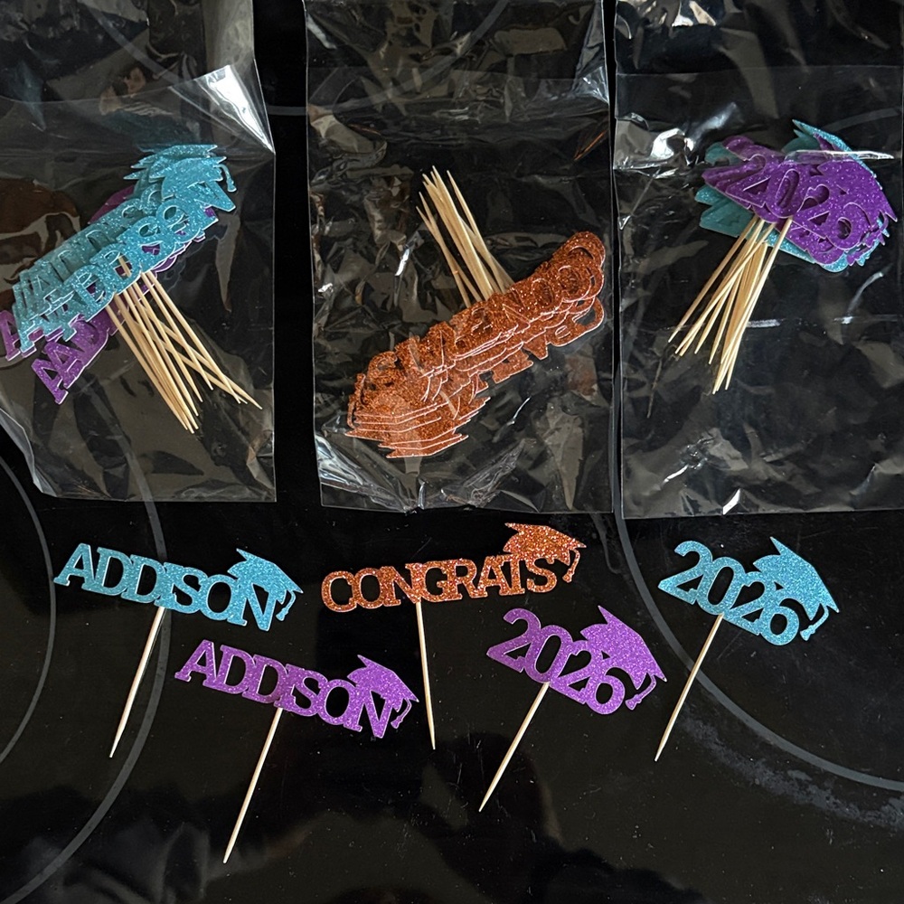 36 NEW Graduation Party Cupcake Toppers - Purple, Orange, Blue
